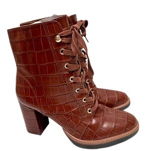 Naturalizer Brown Croc-Embossed Lace-Up Ankle Boots Size 8.5M NWOB.